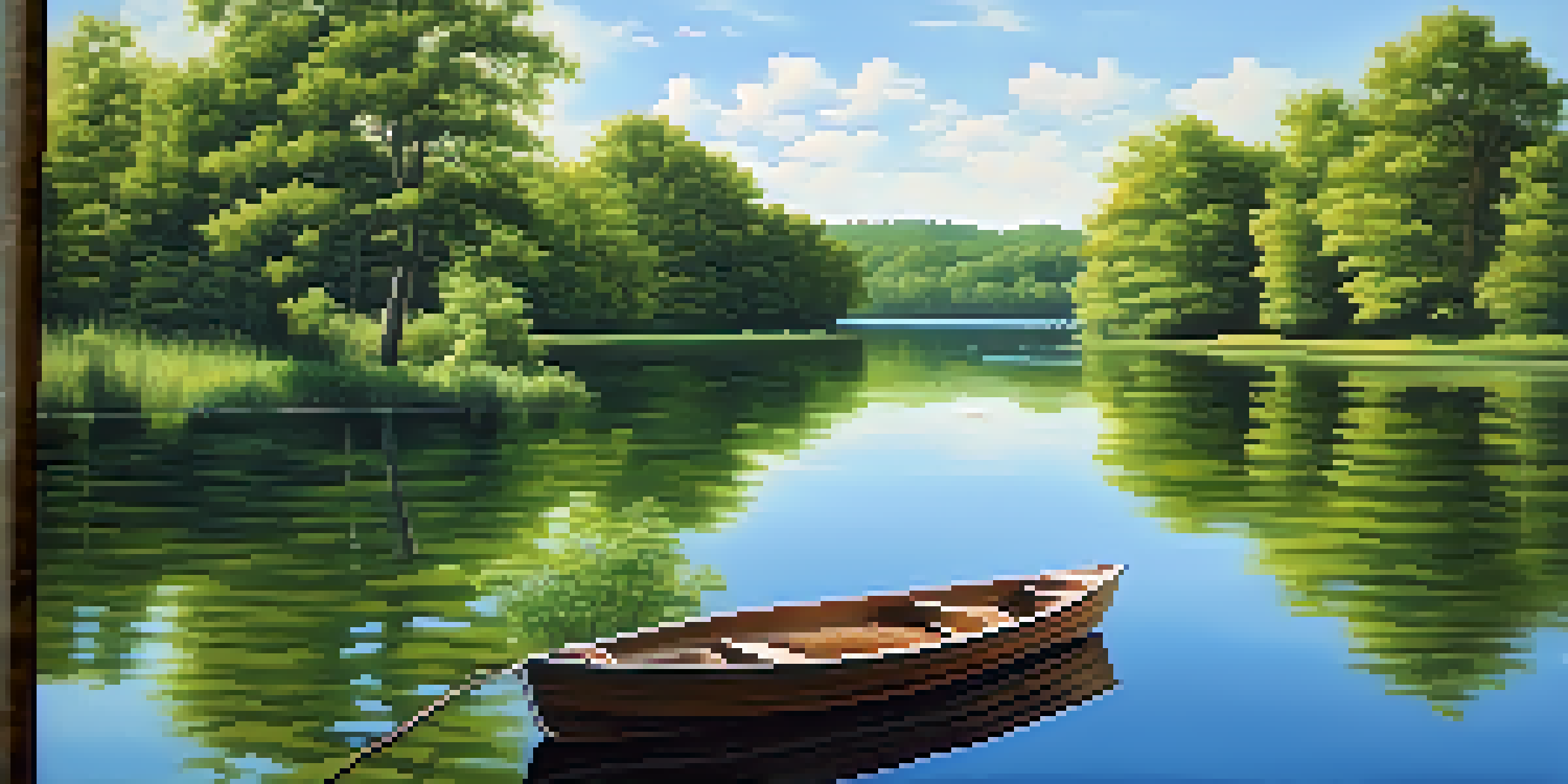 A peaceful lake surrounded by green forests and a wooden boat floating on the water's surface.
