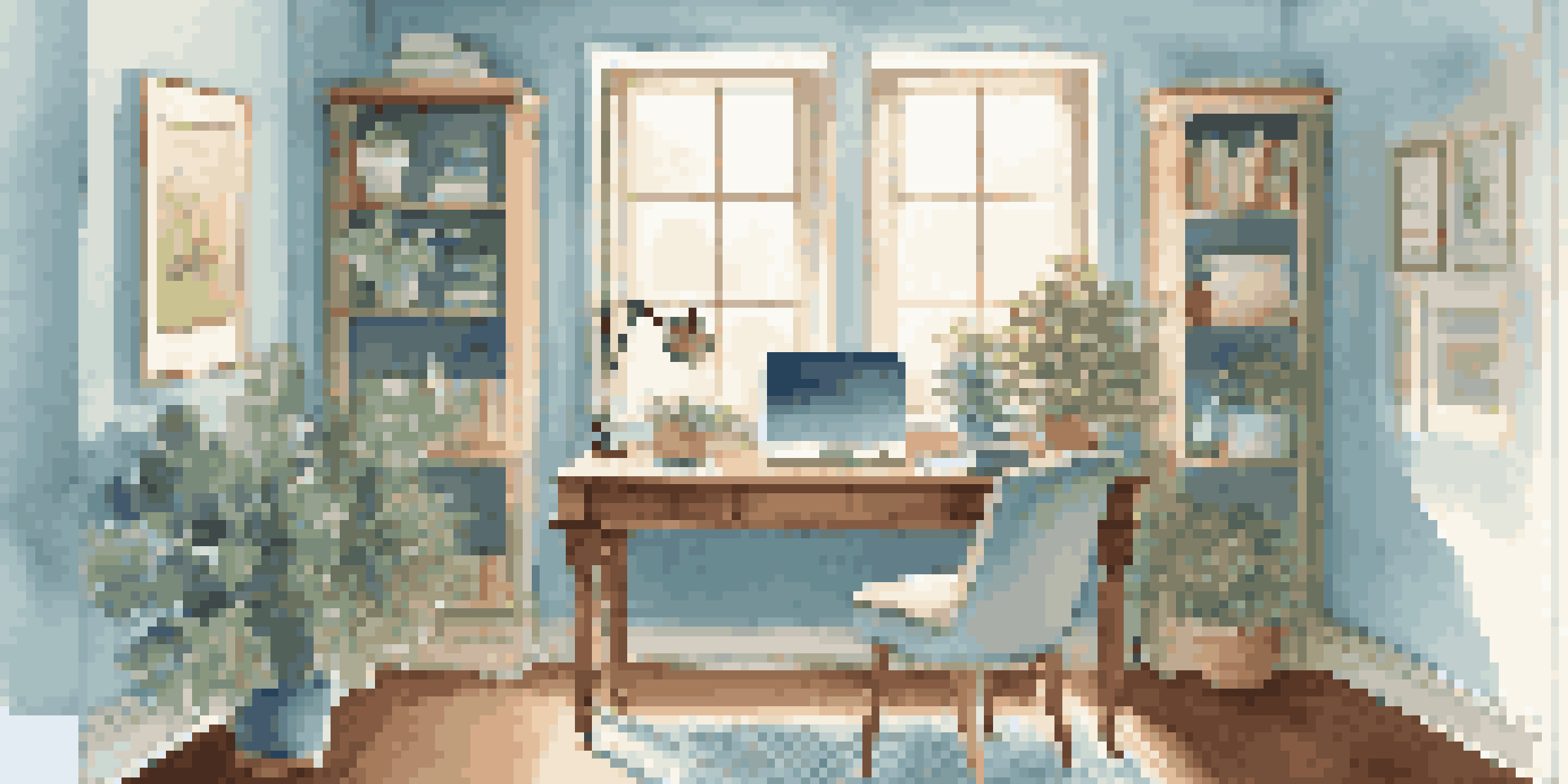 A cozy home office with a wooden desk, laptop, potted plant, and financial books, illuminated by soft sunlight.