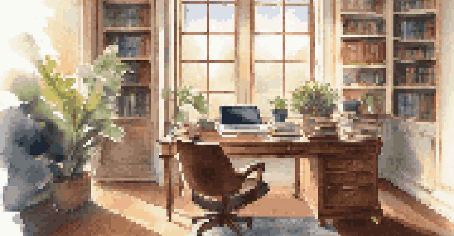 A stylish home office with a wooden desk, laptop, and natural sunlight.