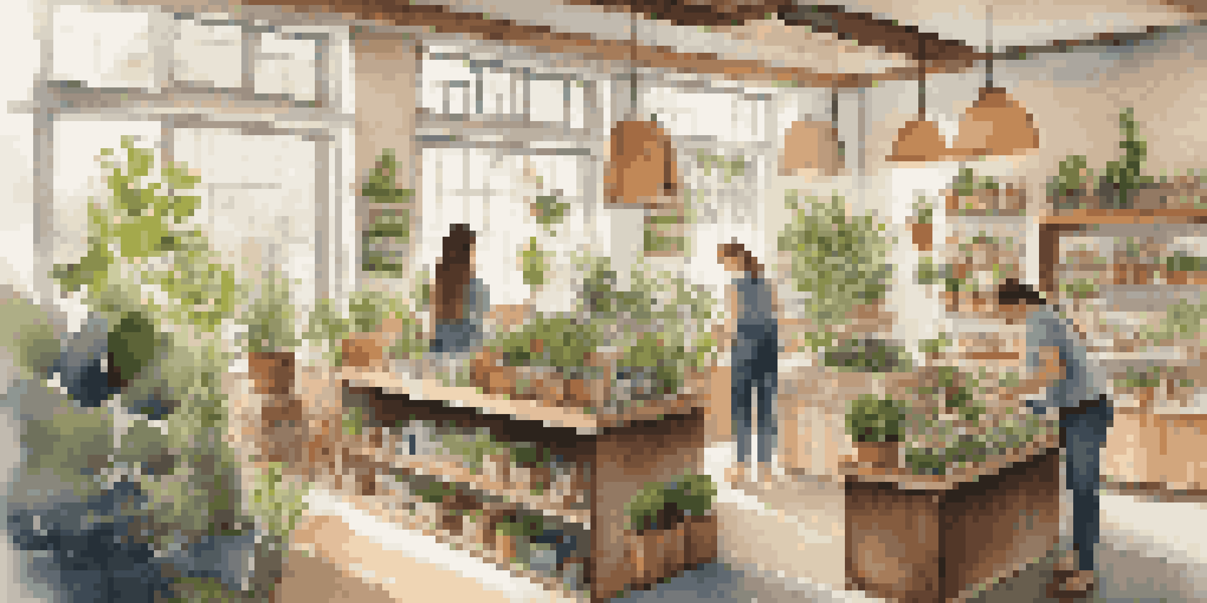 An eco-friendly small business featuring sustainable products, plants, and bright sunlight.