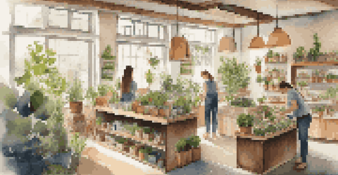 An eco-friendly small business featuring sustainable products, plants, and bright sunlight.