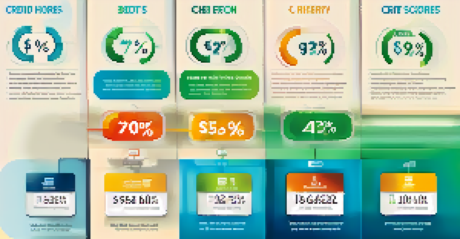 An infographic displaying key factors of credit scores with icons and percentages against a gradient background, representing financial growth.