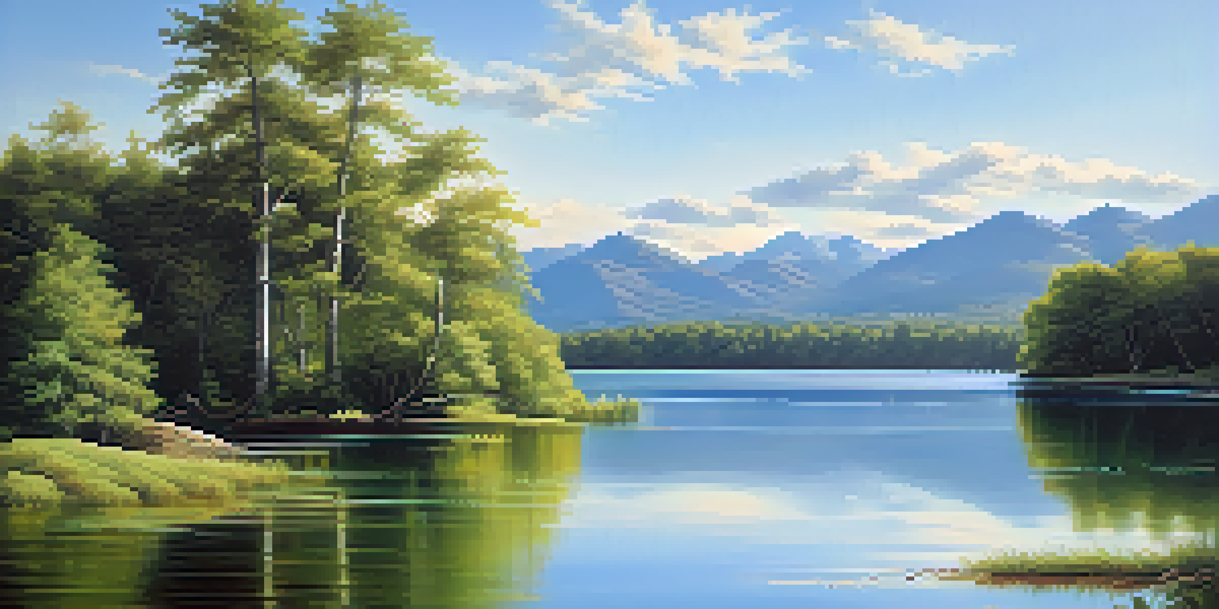 A tranquil lake surrounded by green forests and mountains under a blue sky, with sunlight reflecting on the water.