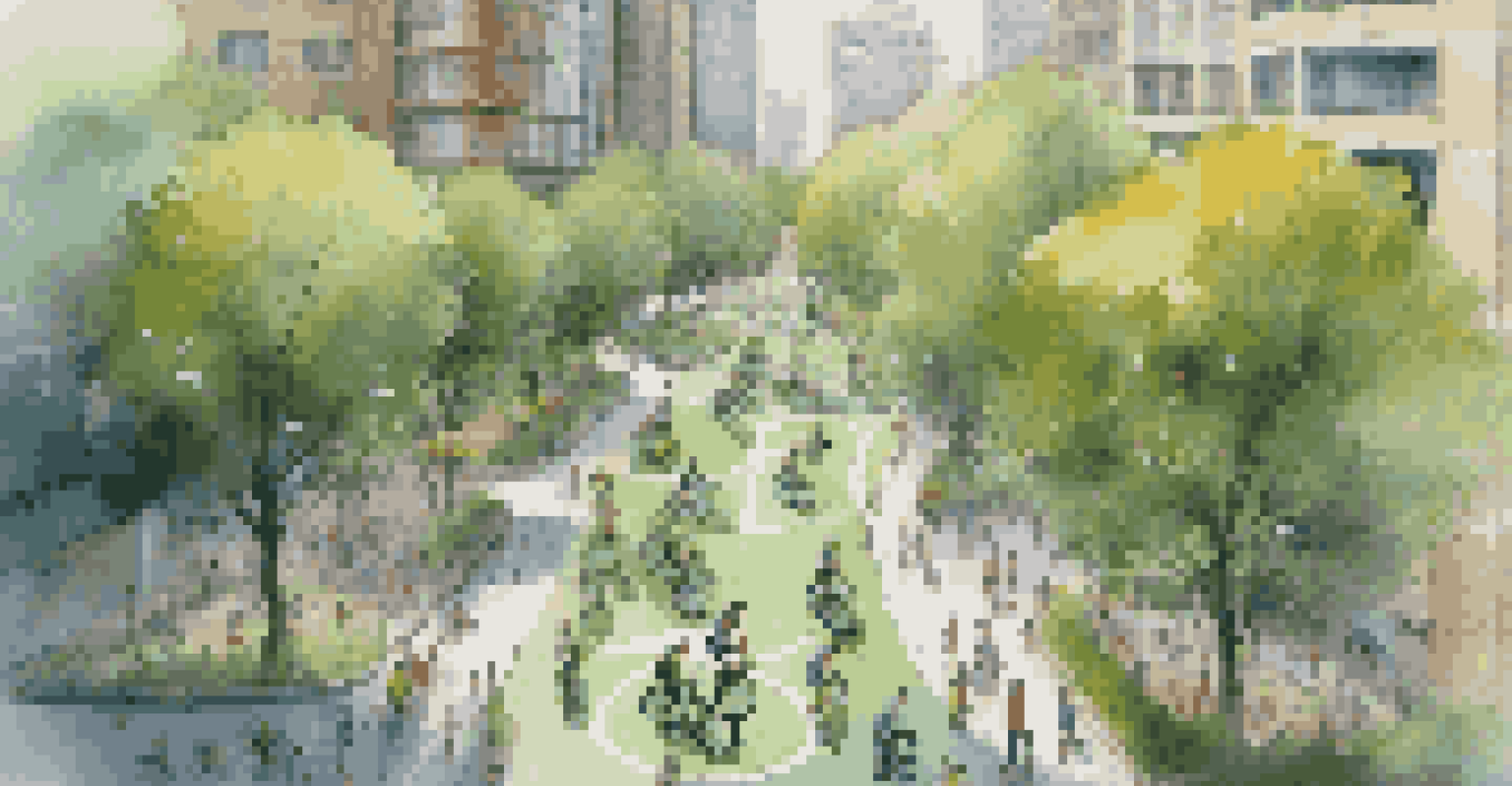 An aerial view of a city with bike-sharing stations and e-scooters, surrounded by green spaces and people actively using sustainable transportation.