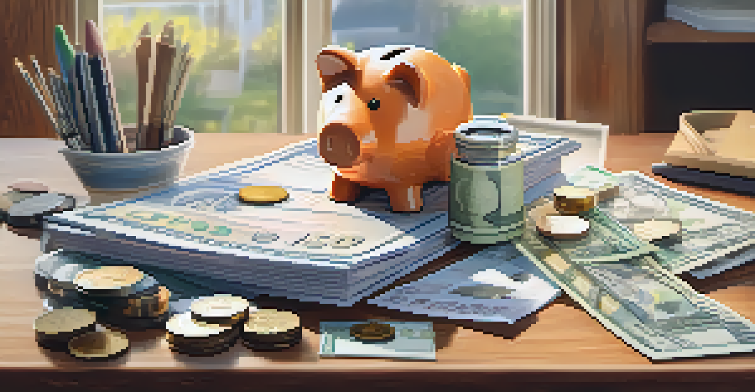 A composition of retirement income sources including a piggy bank, coins, and financial documents on a table.