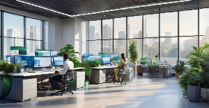 A bright office environment with diverse professionals working together on digital devices, surrounded by financial charts and greenery.