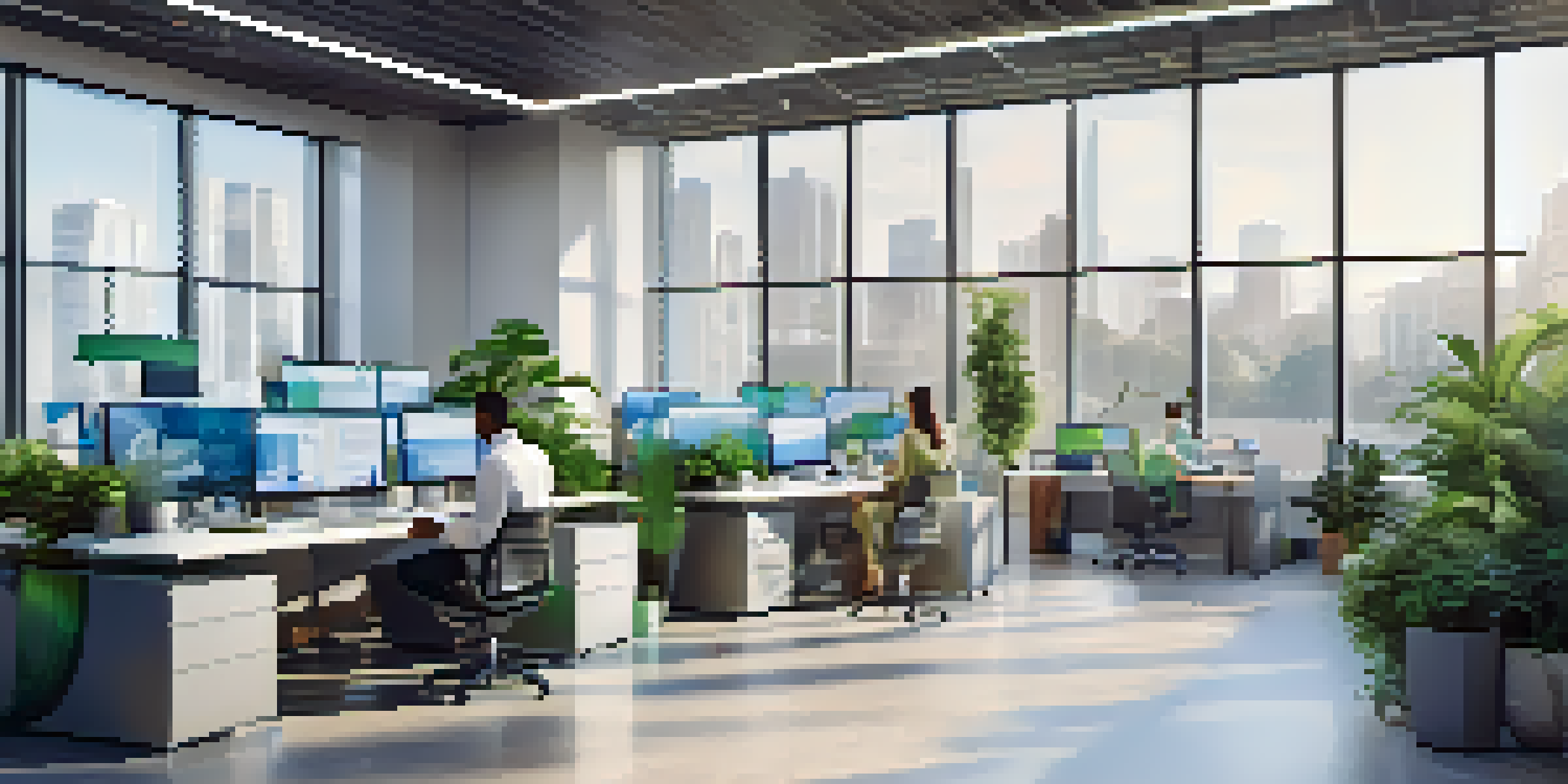 A bright office environment with diverse professionals working together on digital devices, surrounded by financial charts and greenery.