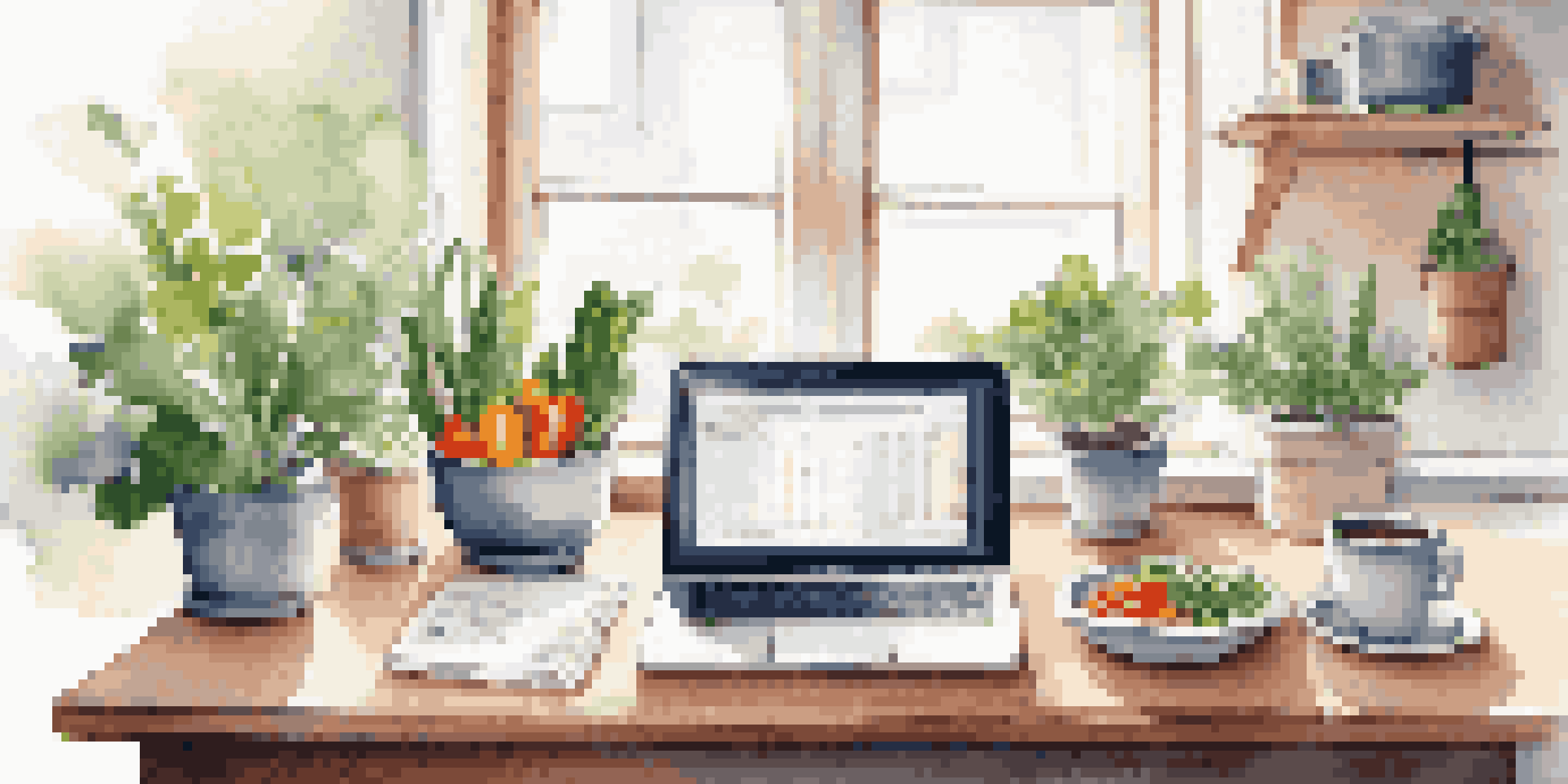 A workspace with a laptop showing financial graphs, a healthy meal prep container, and a plant, illuminated by soft morning light.