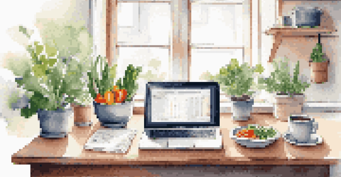 A workspace with a laptop showing financial graphs, a healthy meal prep container, and a plant, illuminated by soft morning light.