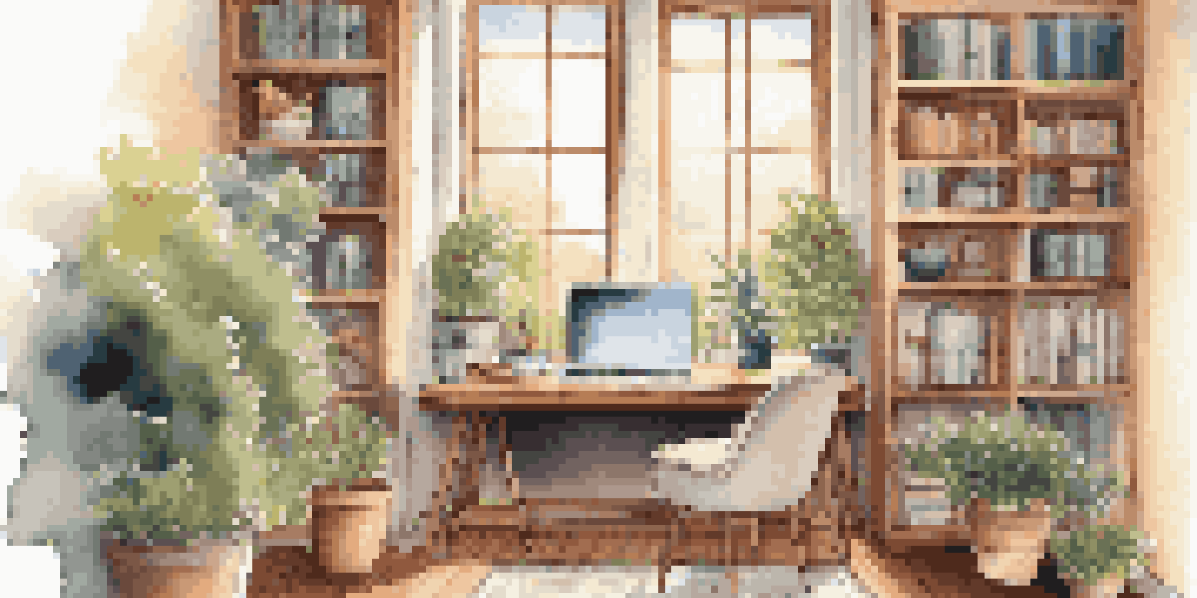 A cozy home office with a desk, laptop, and garden view, designed for passive income activities.