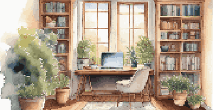 A cozy home office with a desk, laptop, and garden view, designed for passive income activities.