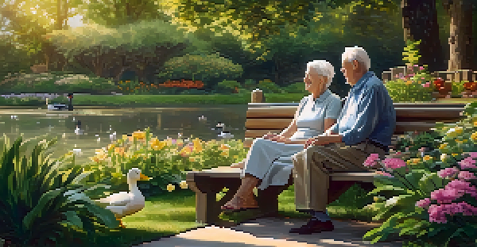 An elderly couple enjoying a peaceful moment in a sunny garden, surrounded by flowers and greenery.