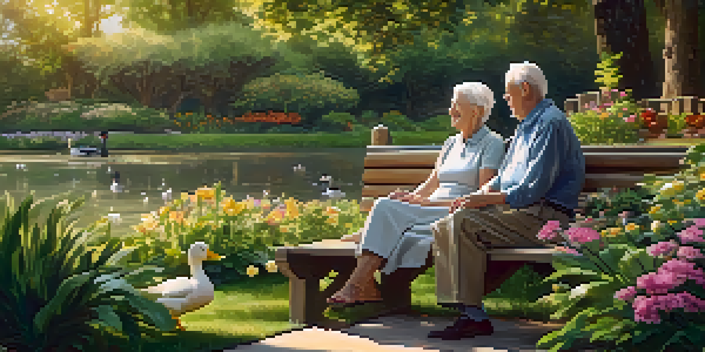 An elderly couple enjoying a peaceful moment in a sunny garden, surrounded by flowers and greenery.