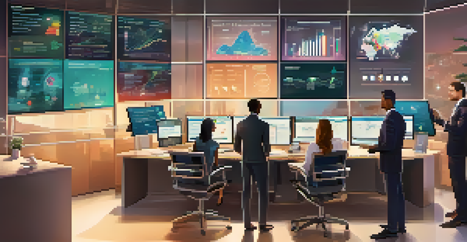 A modern office scene showing a digital dashboard with analytics and a diverse team of nonprofit workers discussing strategies for fundraising.