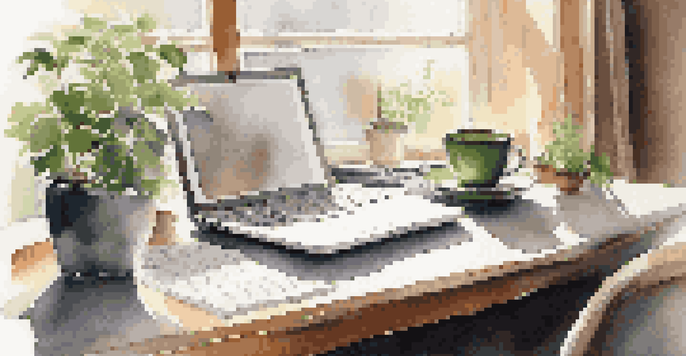 An office desk with a laptop, financial documents, a cup of coffee, and a green plant, illuminated by soft morning light.