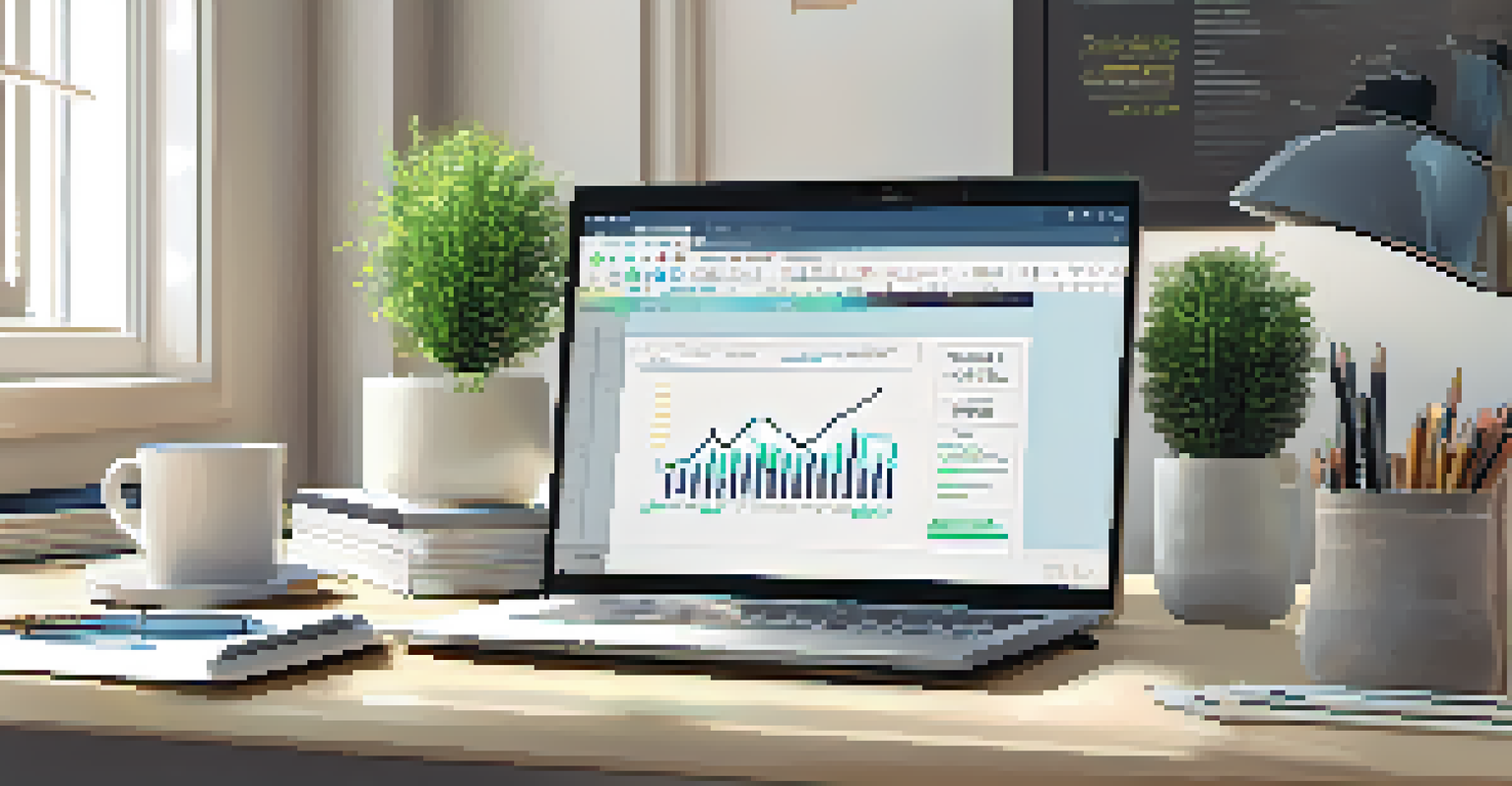 A bright workspace with a laptop showing financial graphs, a notebook, and a framed motivational quote on the wall.