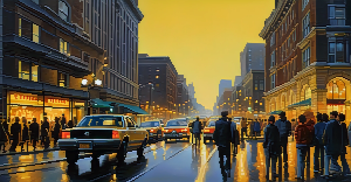 An urban street filled with people and cars during rush hour, with illuminated buildings and a deep blue sky.