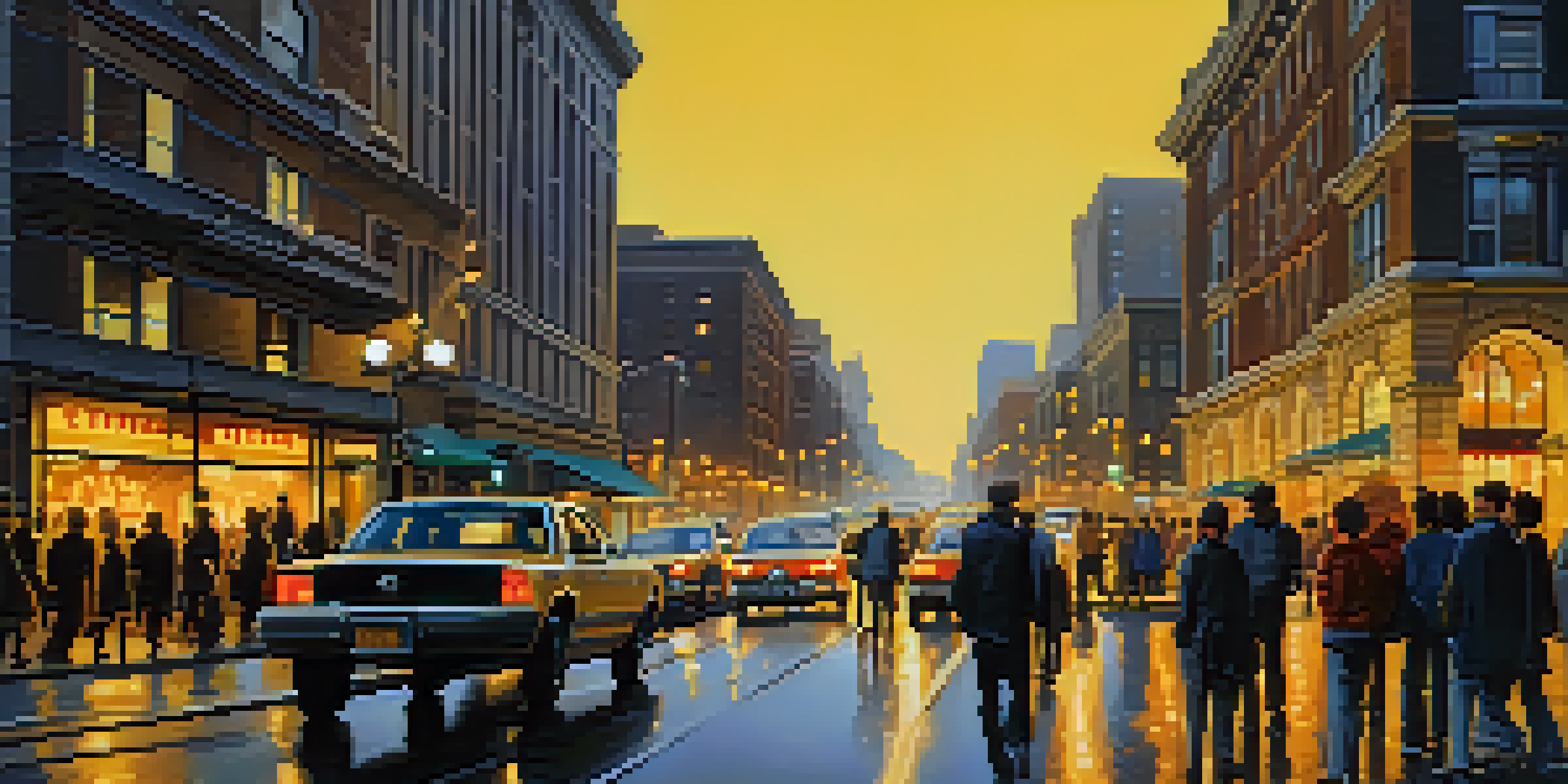 An urban street filled with people and cars during rush hour, with illuminated buildings and a deep blue sky.