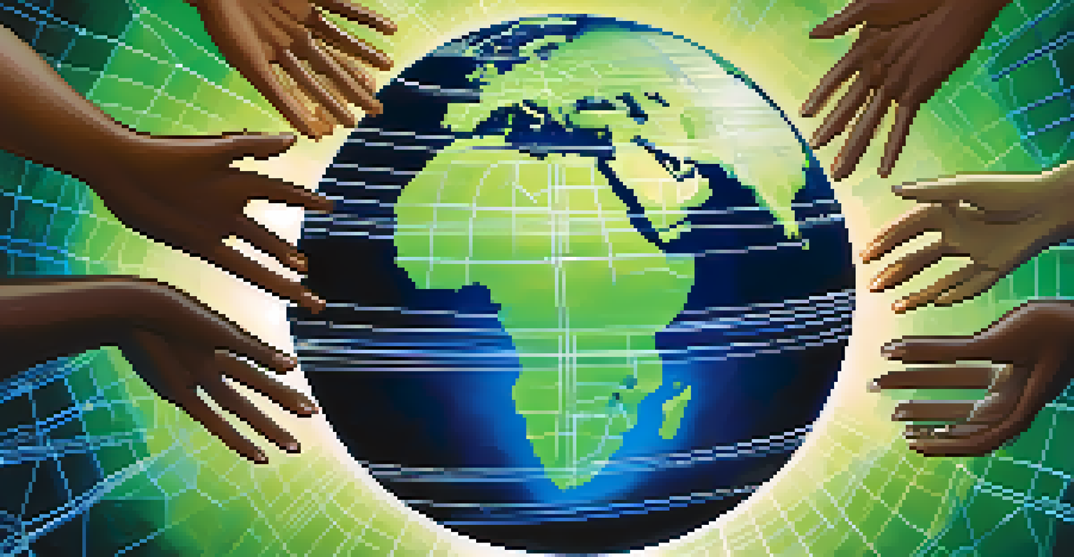 A stylized globe with interconnected hands of various skin tones, representing global cooperation.