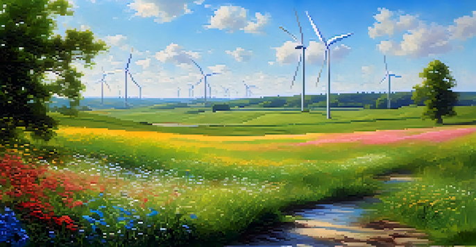 A picturesque landscape with a green field, a wind turbine, and colorful wildflowers under a clear blue sky, illuminated by warm sunlight.