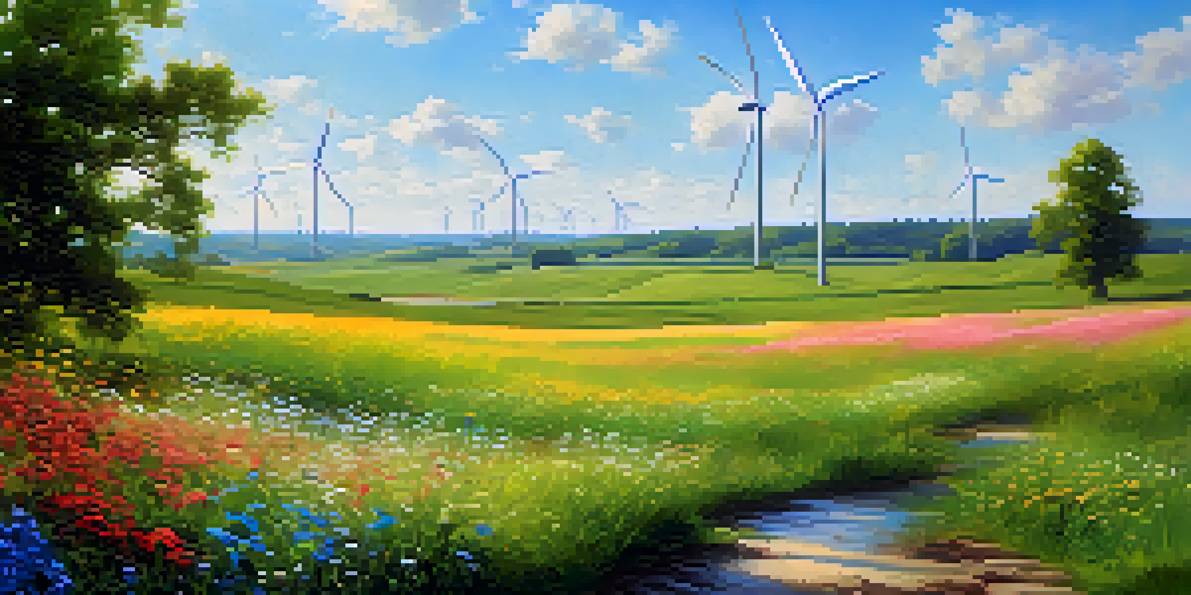 A picturesque landscape with a green field, a wind turbine, and colorful wildflowers under a clear blue sky, illuminated by warm sunlight.