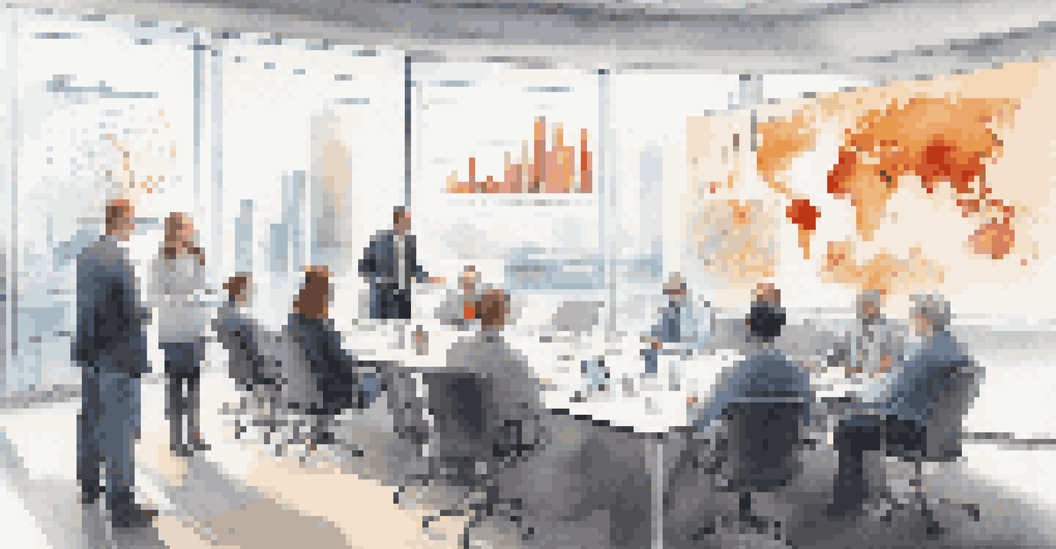 A meeting between biotech researchers and pharmaceutical executives discussing data and graphs, highlighting collaboration in the biotech industry.