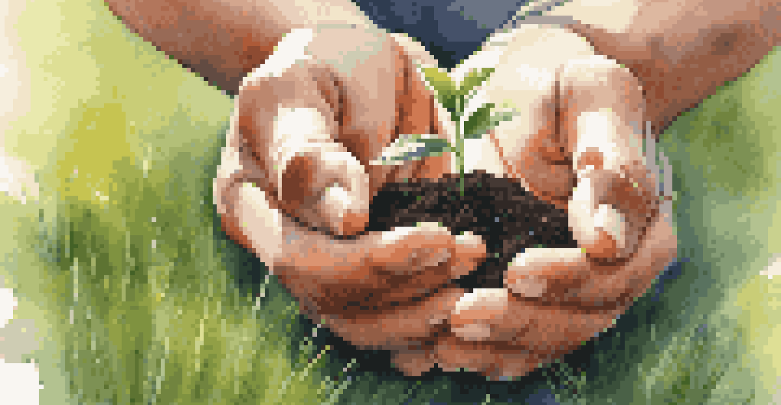 Hands holding a small seedling representing growth, with a sunny garden background.