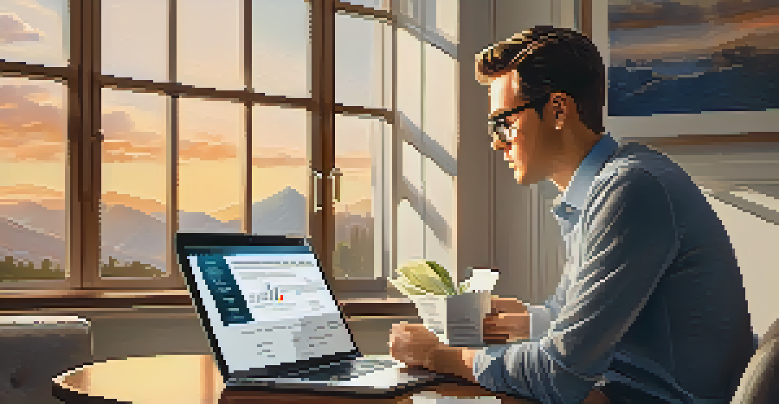 An investor analyzing financial documents and a laptop showing credit score metrics in a cozy setting.