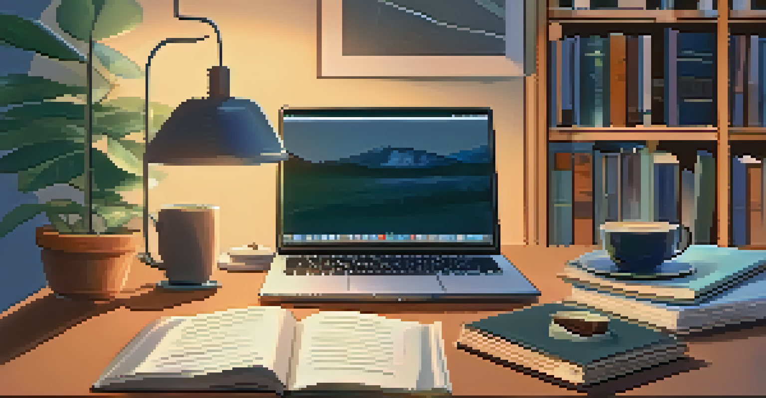 A study area with a laptop, investment books on a shelf, and a notepad, creating a peaceful atmosphere for learning about investing.