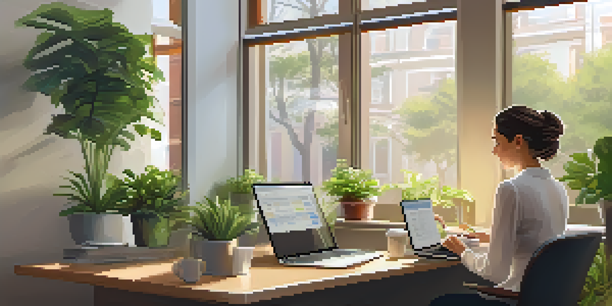 A professional woman sitting at a desk, reviewing her pension plan on a laptop in a well-lit office with plants in the background.