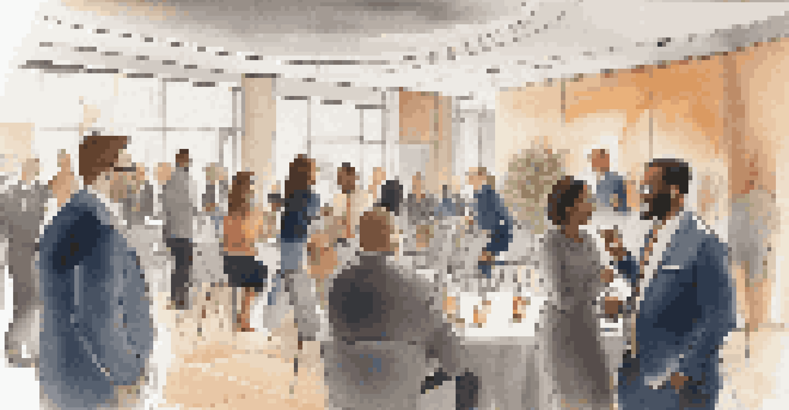 A diverse group of professionals networking and practicing elevator pitches in a modern event space with soft lighting.
