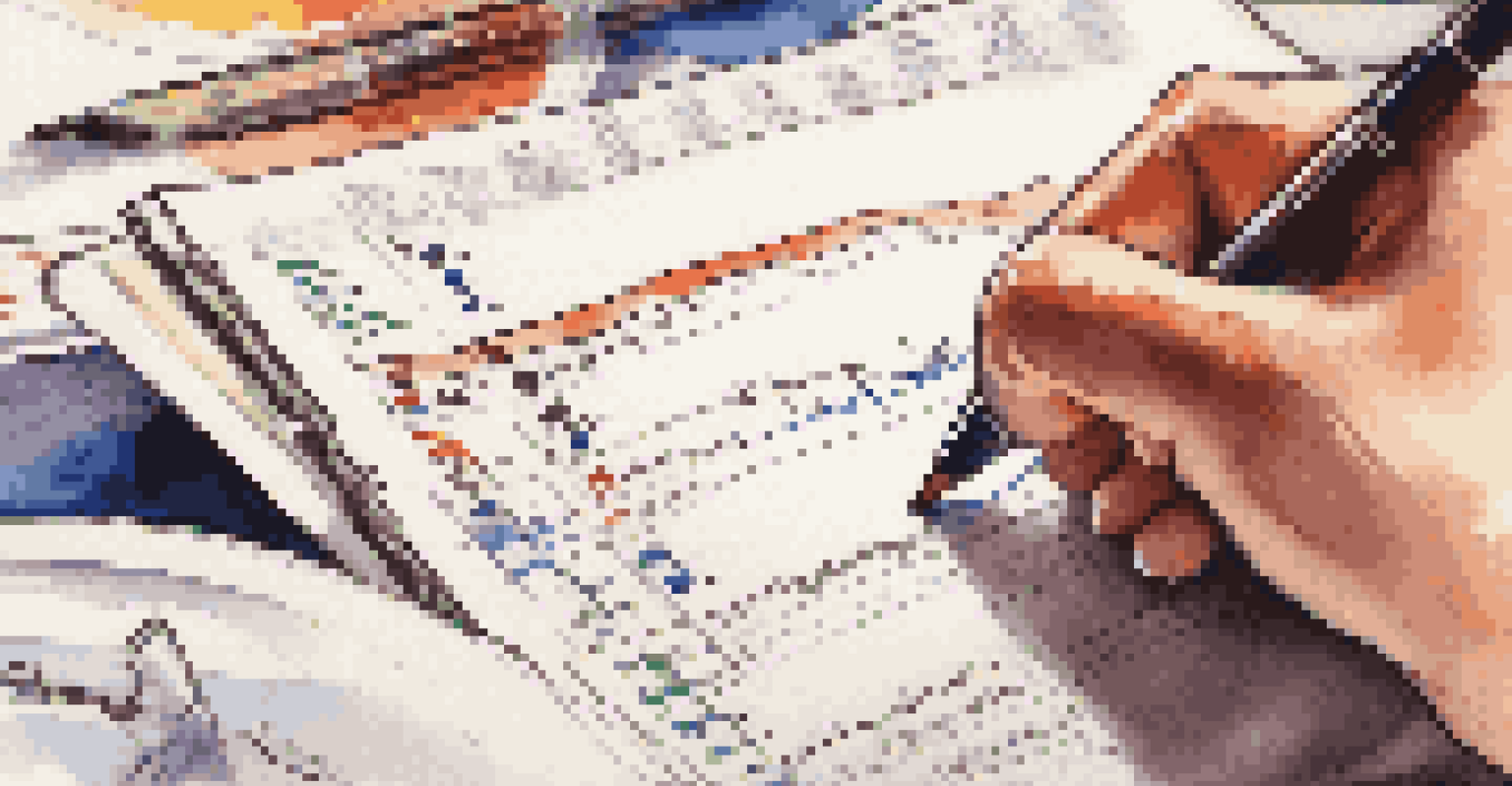 A close-up of a hand writing a checklist with stock market graphs and investment books in the background.