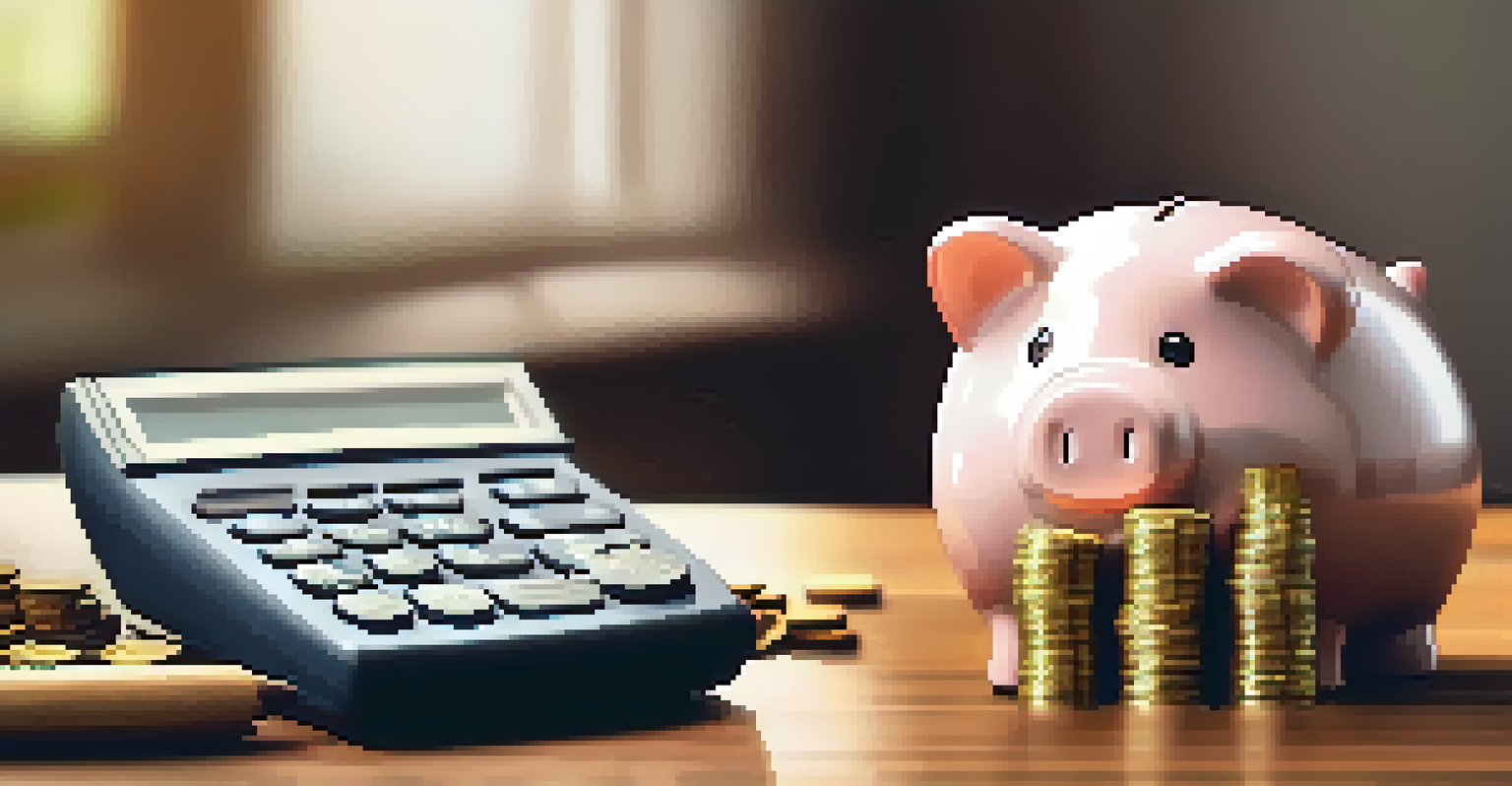 A close-up of a piggy bank being filled with coins, with a budget planner and calculator in the background, illustrating the concept of saving for emergencies.