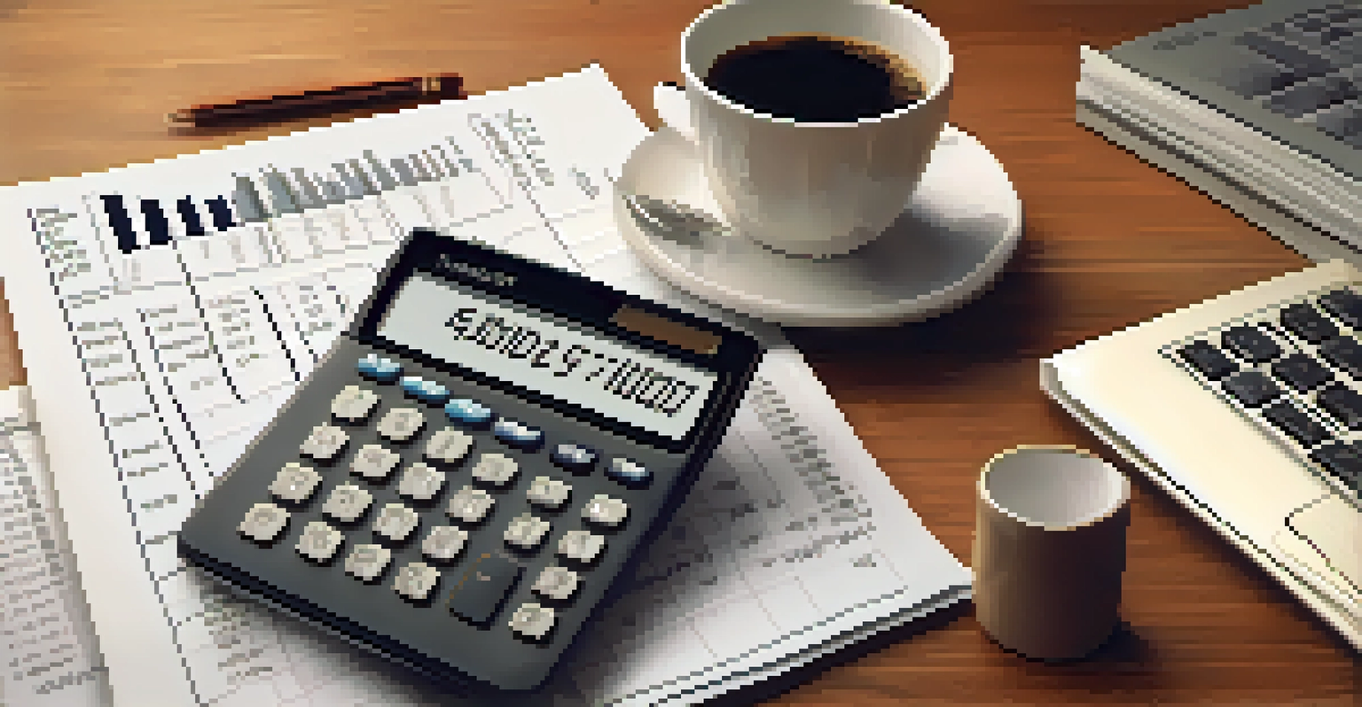 A financial report on a wooden desk showing charts comparing mutual funds and ETFs, accompanied by a calculator and a cup of coffee.