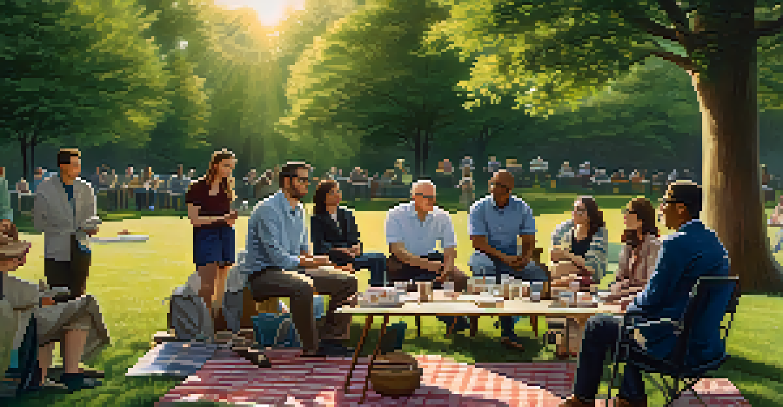 A male financial advisor leading a workshop outdoors, with a group of diverse attendees sitting on blankets in a park.