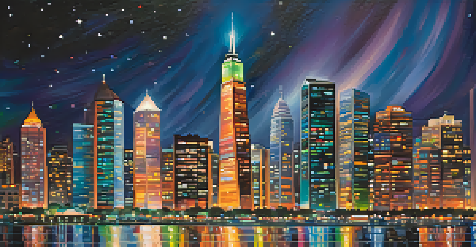 A colorful city skyline at night with illuminated skyscrapers reflecting on a river.