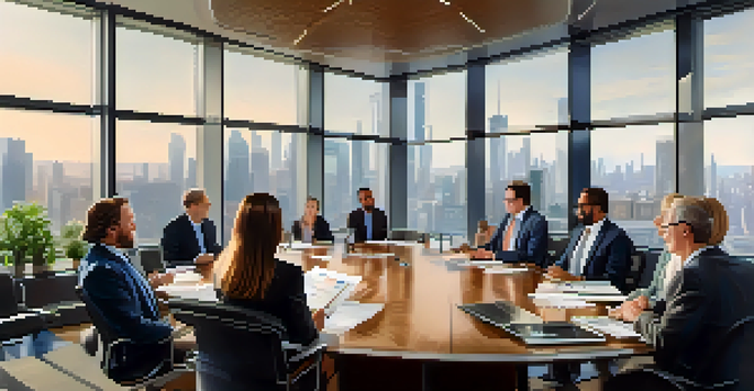 A diverse group of investors discussing investment strategies in a conference room with charts on the table and a city skyline visible outside.