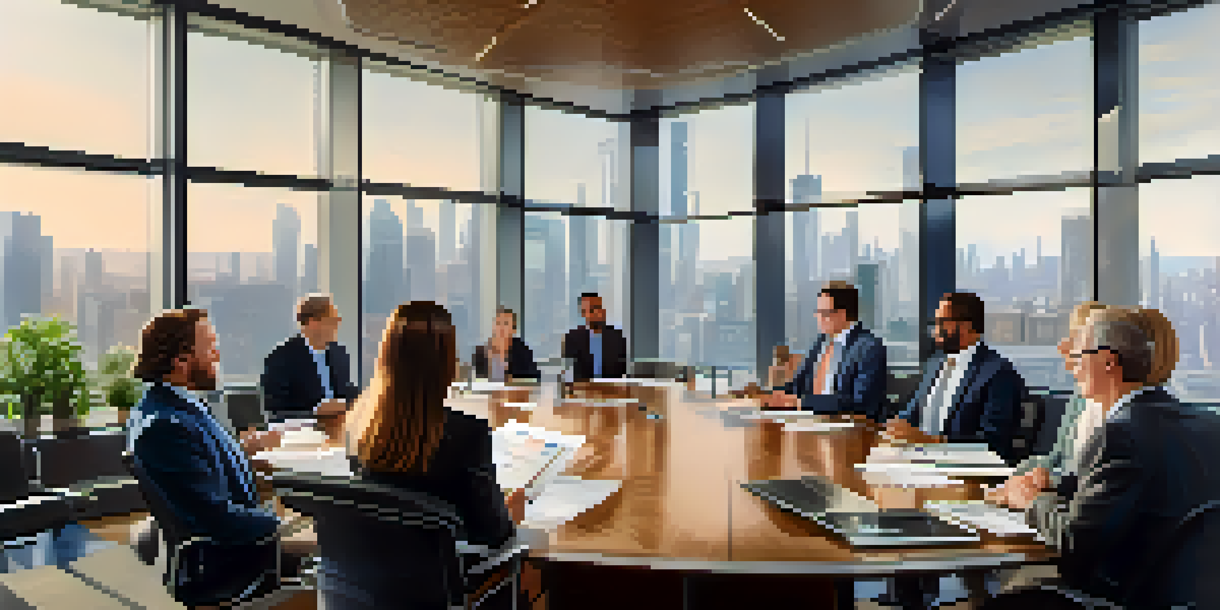 A diverse group of investors discussing investment strategies in a conference room with charts on the table and a city skyline visible outside.