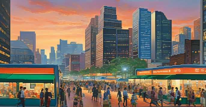 A vibrant city skyline at dusk with people walking on a busy street.