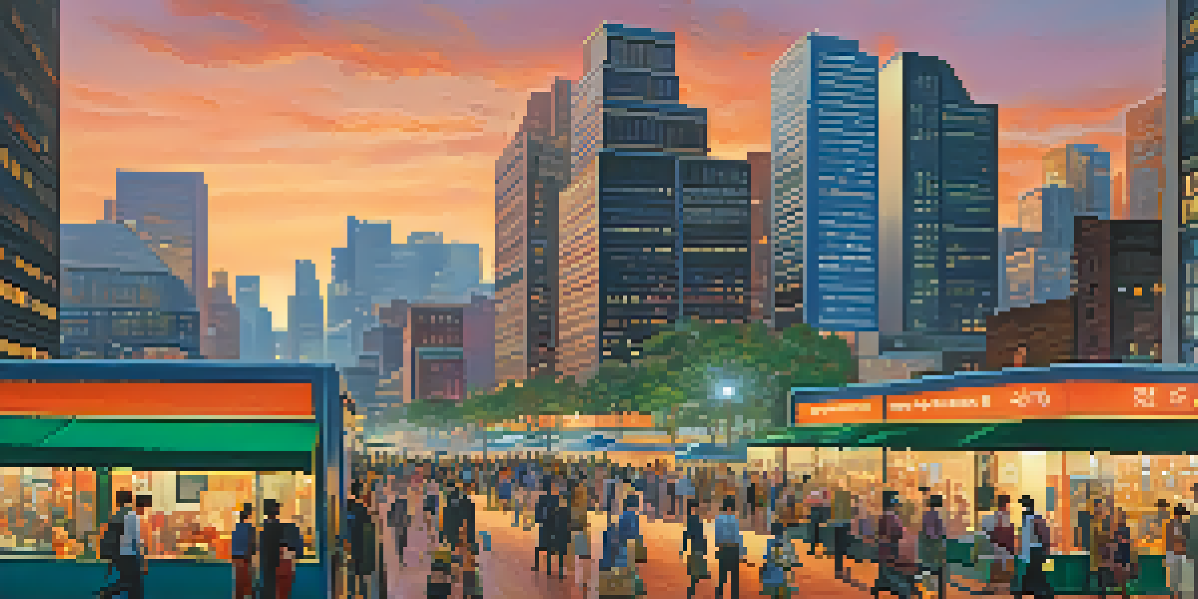 A vibrant city skyline at dusk with people walking on a busy street.