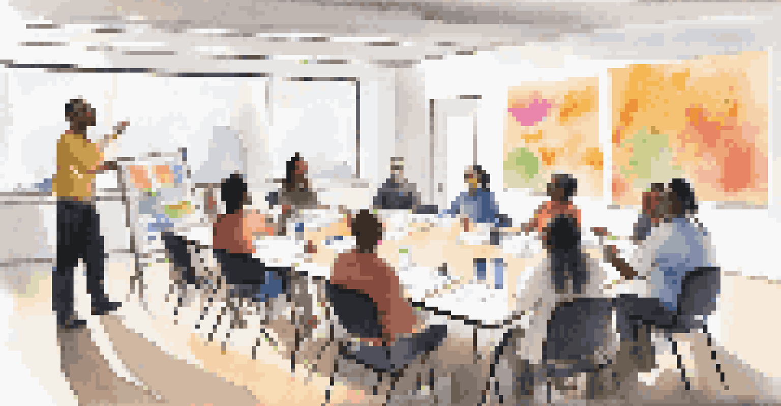 A workshop with a facilitator leading a session on feedback, participants engaged in role-playing exercises with flip charts in the background.