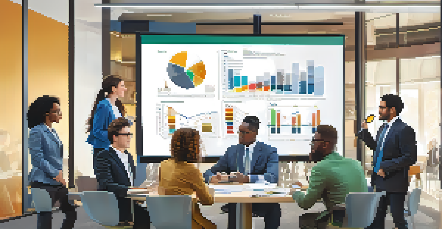 A diverse group of individuals collaborating in a modern conference room, discussing ideas with charts on the screen.