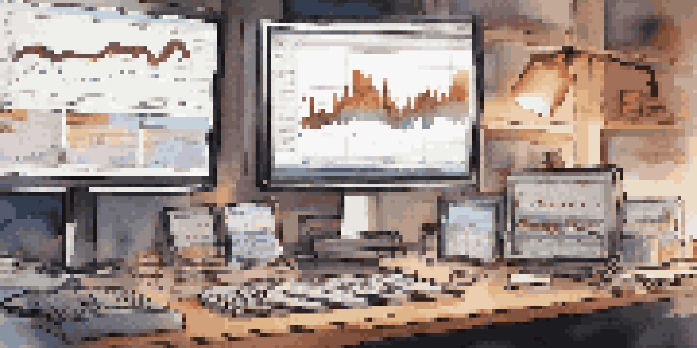 A modern trading desk with multiple monitors showing stock market charts, financial reports, a smartphone, and a cup of coffee under soft warm lighting.