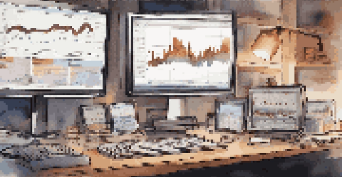 A modern trading desk with multiple monitors showing stock market charts, financial reports, a smartphone, and a cup of coffee under soft warm lighting.