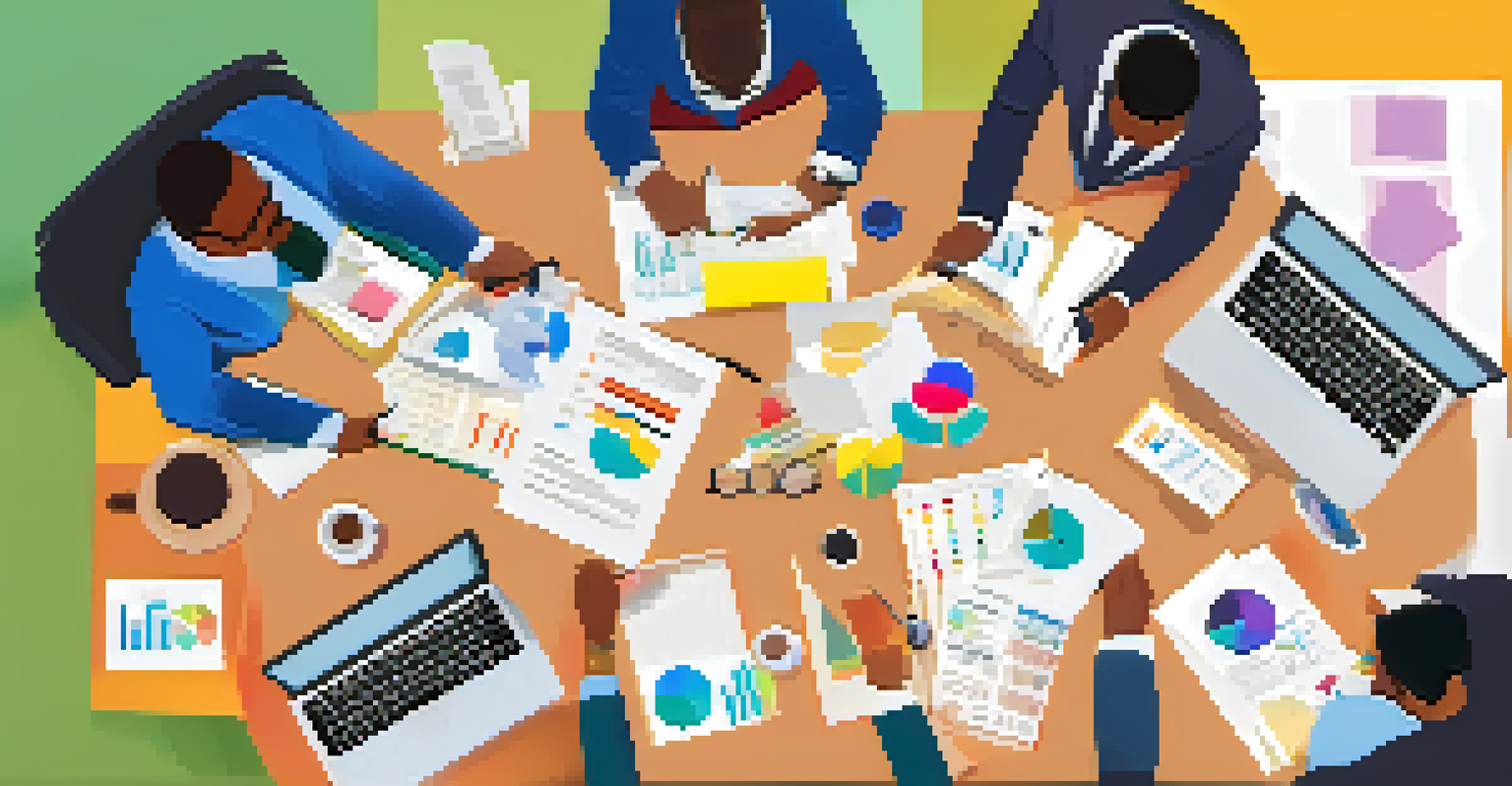 A diverse group of professionals discussing financial planning with laptops and charts around a table, with a whiteboard in the background.