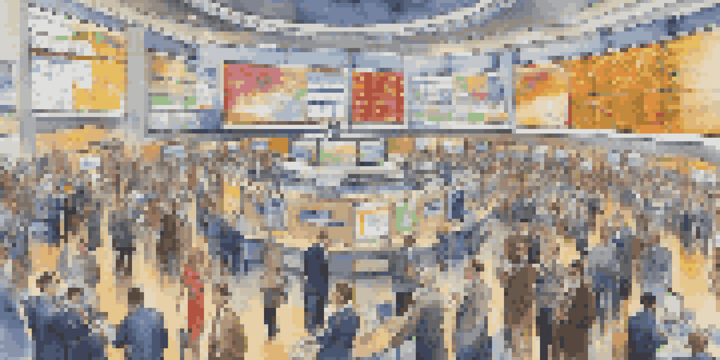 A lively stock exchange trading floor with traders in business attire focused on screens displaying stock prices.
