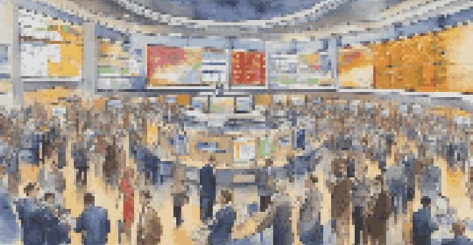 A lively stock exchange trading floor with traders in business attire focused on screens displaying stock prices.