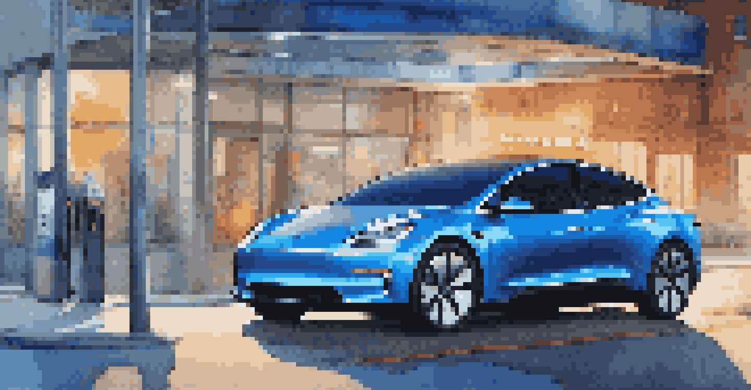 An electric vehicle charging at a modern station in a city, illuminated by evening lights.