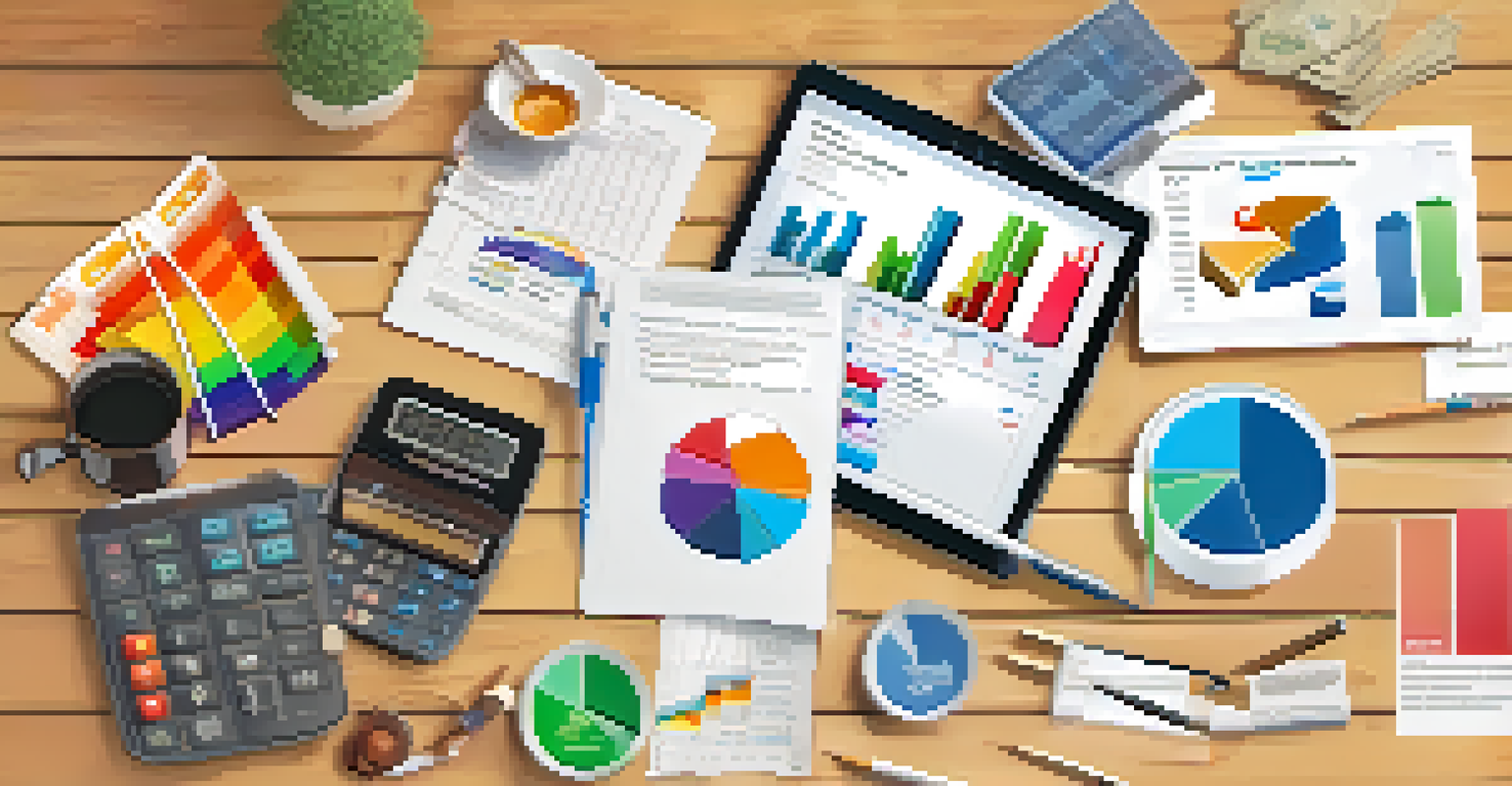 A digital tablet showing colorful budget graphs and charts, surrounded by a calculator, pen, and receipts on a wooden table.