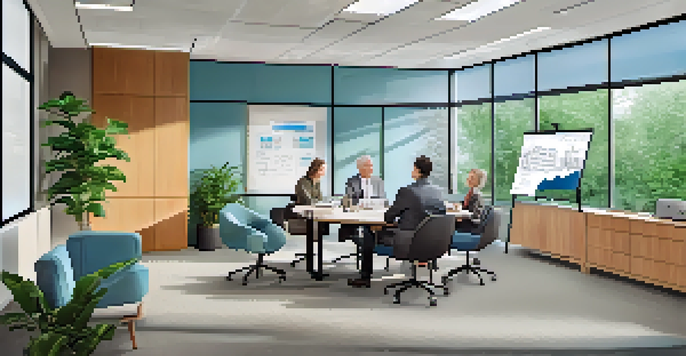 A diverse group of professionals in a bright office discussing retirement plans, with diagrams on a whiteboard.